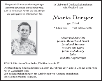 Traueranzeige von Maria Berger 