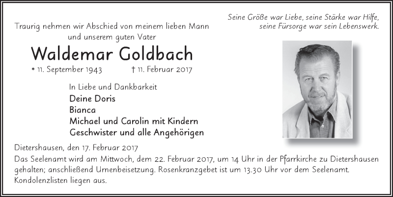  Traueranzeige für Waldemar Goldbach vom 17.02.2017 aus 