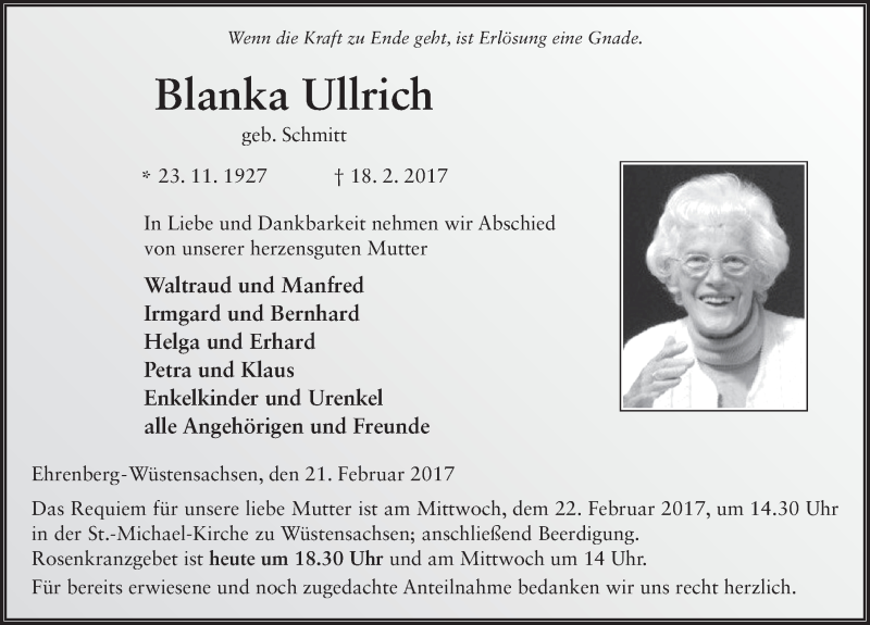  Traueranzeige für Blanka Ullrich vom 21.02.2017 aus 