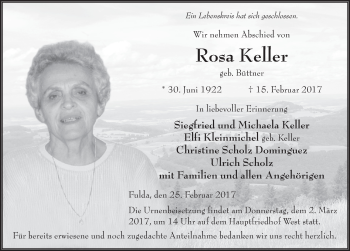 Traueranzeige von Rosa Keller 