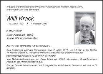 Traueranzeige von Willi Krack 