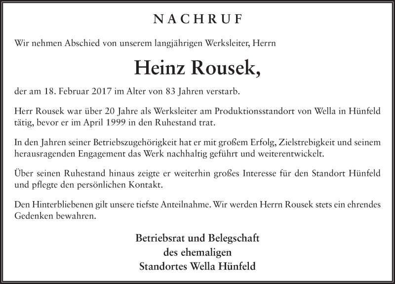  Traueranzeige für Heinz Rousek vom 23.02.2017 aus 