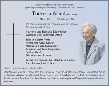 Traueranzeige von Theresia Aland 