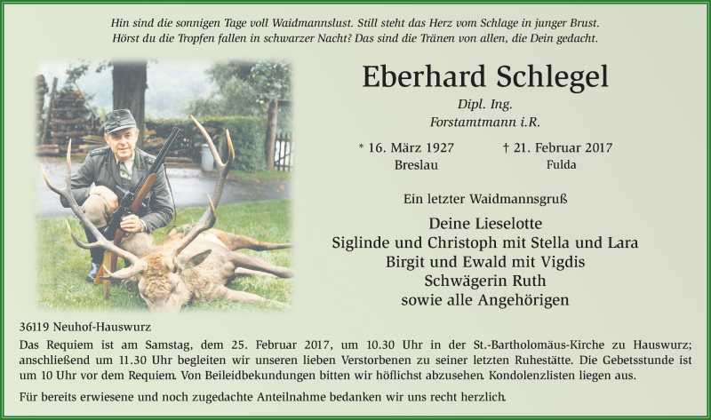  Traueranzeige für Eberhard Schlegel vom 23.02.2017 aus 