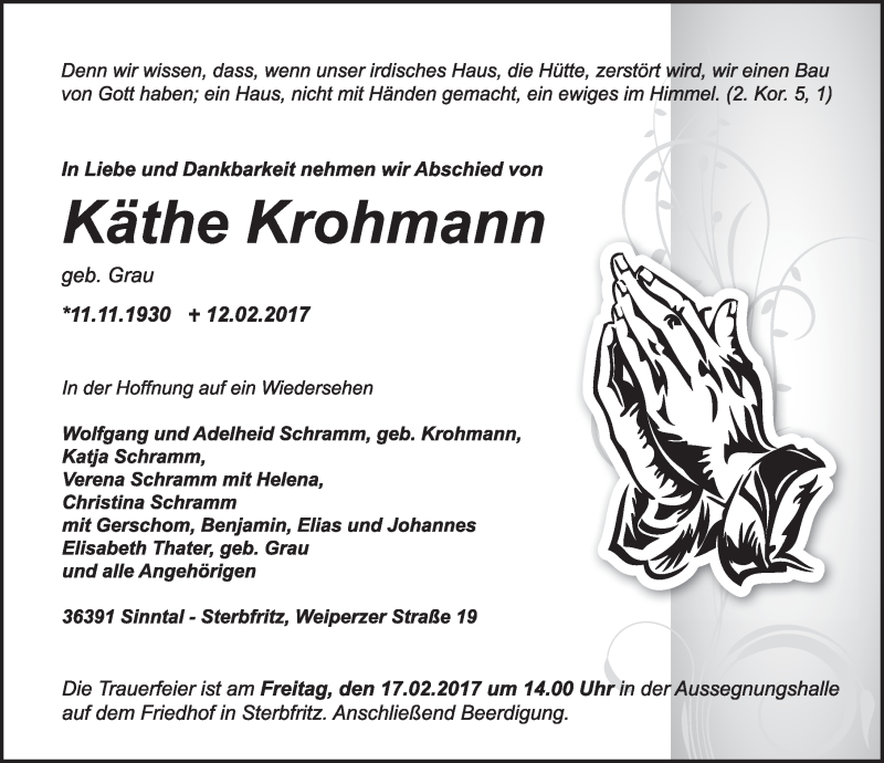  Traueranzeige für Käthe Krohmann vom 15.02.2017 aus 