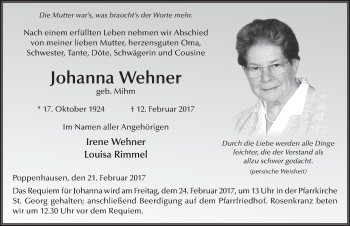 Traueranzeige von Johanna Wehner 