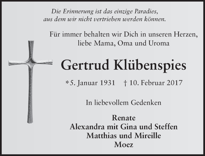  Traueranzeige für Gertrud Klübenspies vom 23.02.2017 aus 