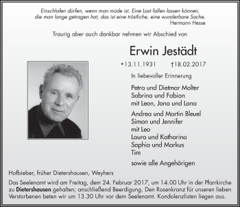 Traueranzeige von Erwin Jestädt 