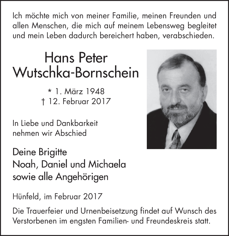  Traueranzeige für Hans Peter Wutschka-Bornschein vom 16.02.2017 aus 