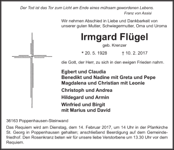 Traueranzeige von Irmgard Flügel 