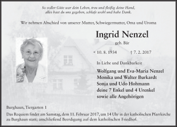 Traueranzeige von Ingrid Nenzel 