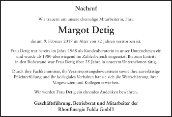 Traueranzeige von Margot Detig 