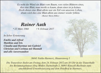 Traueranzeige von Rainer Auth 