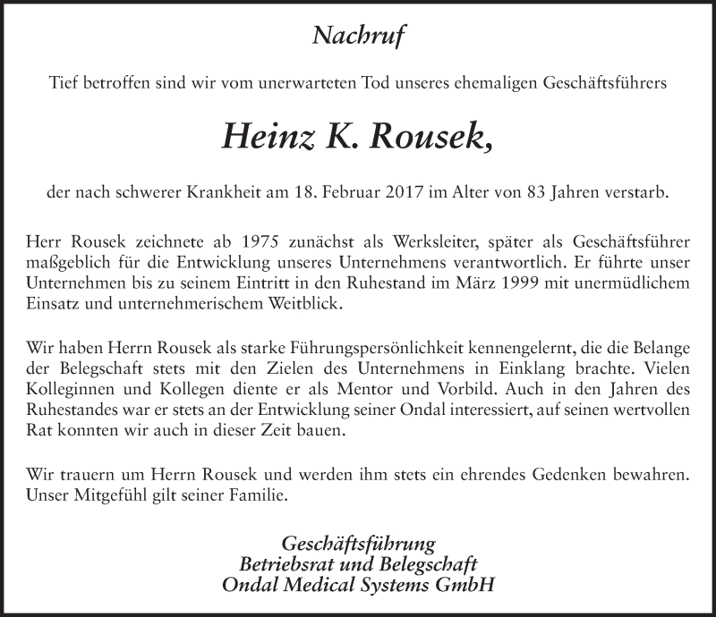  Traueranzeige für Heinz Rousek vom 23.02.2017 aus 