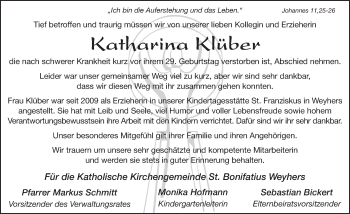 Traueranzeige von Katharina Klüber 