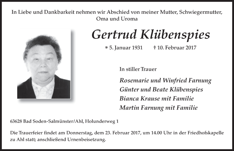  Traueranzeige für Gertrud Klübenspies vom 20.02.2017 aus 