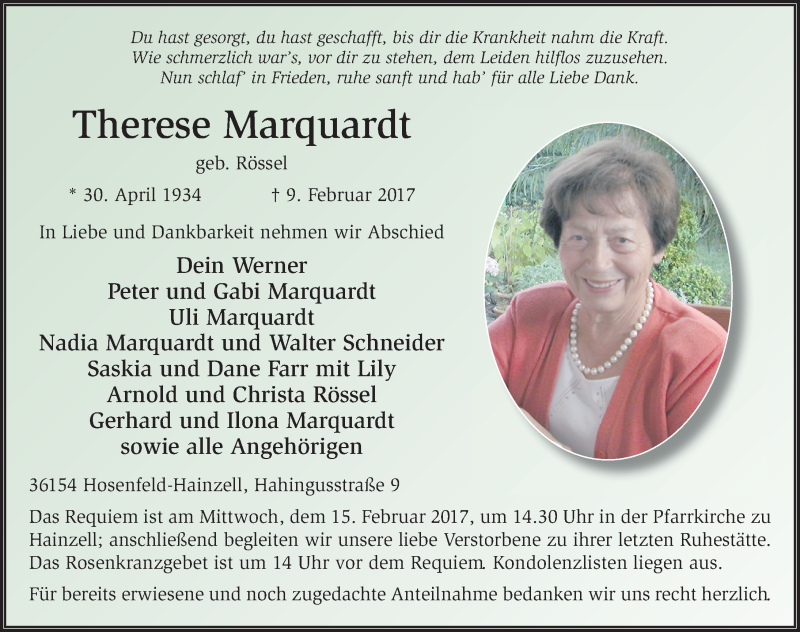  Traueranzeige für Therese Marquardt vom 11.02.2017 aus 