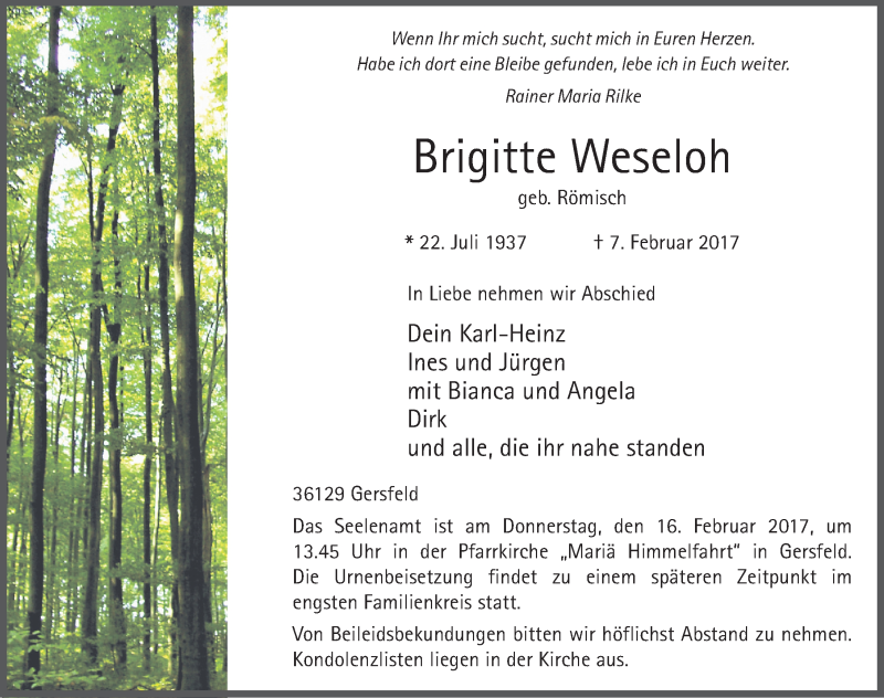  Traueranzeige für Brigitte Weseloh vom 14.02.2017 aus 