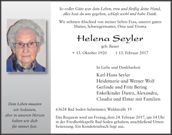 Traueranzeige von Helena Seyler 