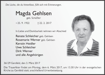 Traueranzeige von Magda Gehlsen 