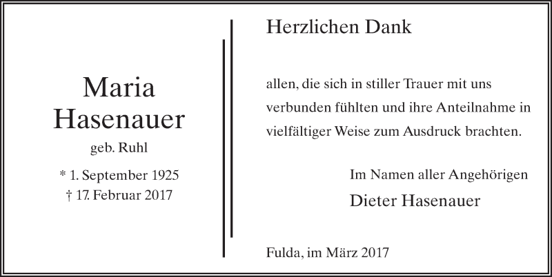  Traueranzeige für Maria Hasenauer vom 25.03.2017 aus 