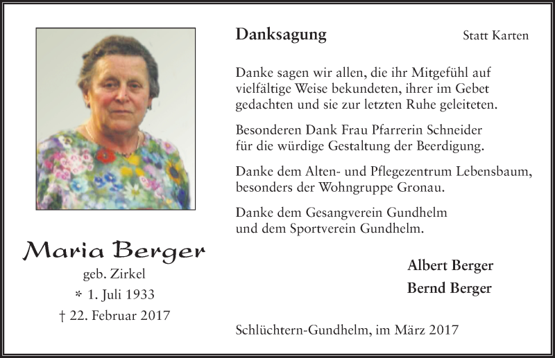  Traueranzeige für Maria Berger vom 25.03.2017 aus 