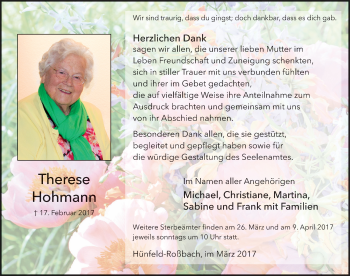 Traueranzeige von Therese Hohmann 