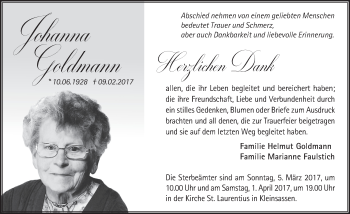 Traueranzeige von Johanna Goldmann 