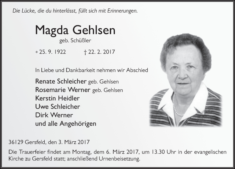  Traueranzeige für Magda Gehlsen vom 03.03.2017 aus 
