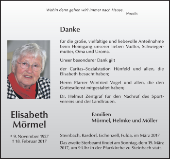 Traueranzeige von Elisabeth Mörmel 