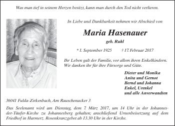 Traueranzeige von Maria Hasenauer 