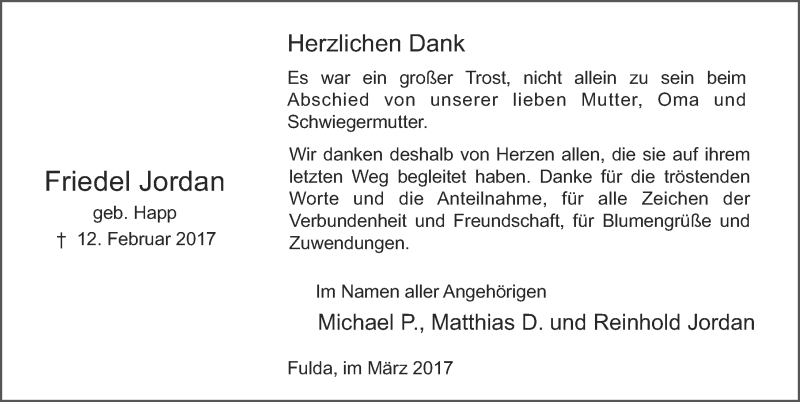  Traueranzeige für Friedel Jordan vom 04.03.2017 aus 