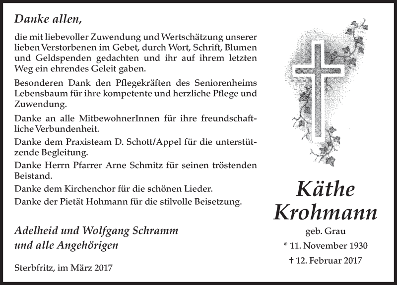  Traueranzeige für Käthe Krohmann vom 01.03.2017 aus 