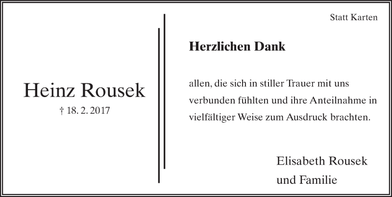  Traueranzeige für Heinz Rousek vom 08.03.2017 aus 