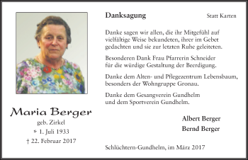 Traueranzeige von Maria Berger 