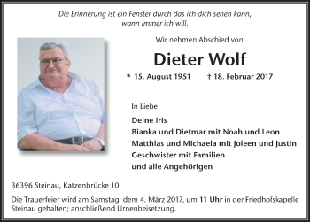 Traueranzeige von Dieter Wolf 