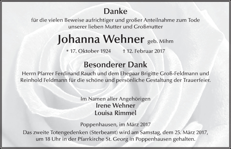  Traueranzeige für Johanna Wehner vom 22.03.2017 aus 