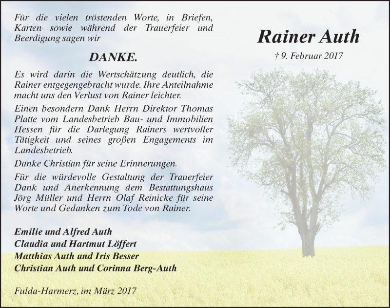  Traueranzeige für Rainer Auth vom 18.03.2017 aus 