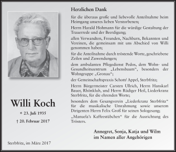 Traueranzeige von Wilhelm Koch 