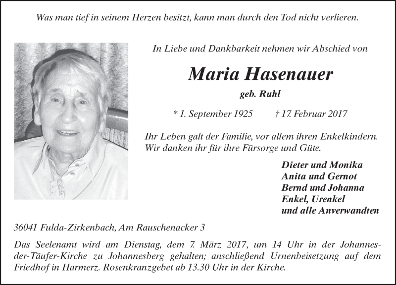  Traueranzeige für Maria Hasenauer vom 03.03.2017 aus 