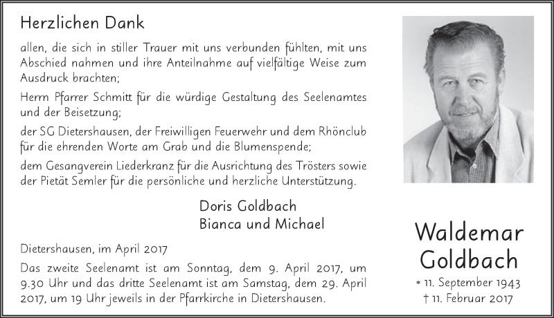  Traueranzeige für Waldemar Goldbach vom 07.04.2017 aus 
