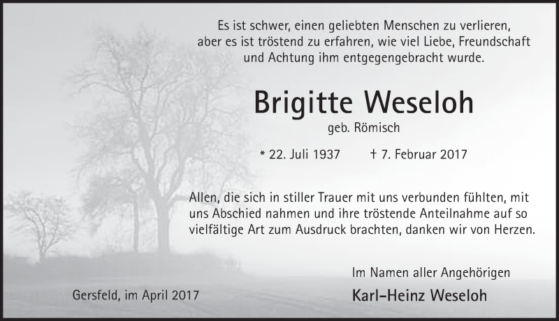  Traueranzeige für Brigitte Weseloh vom 05.04.2017 aus 