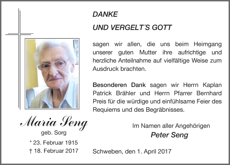  Traueranzeige für Maria Seng vom 01.04.2017 aus 