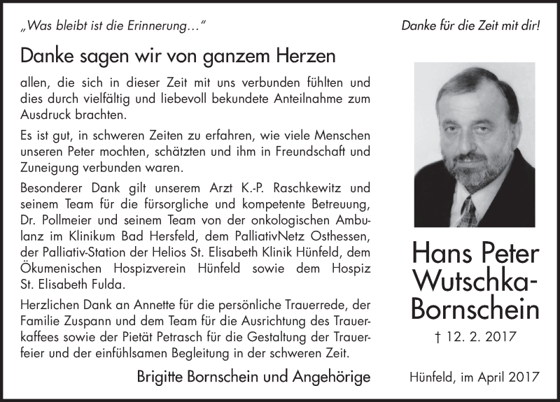 Traueranzeige für Hans Peter Wutschka-Bornschein vom 07.04.2017 aus 