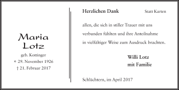 Traueranzeige von Maria Lotz 