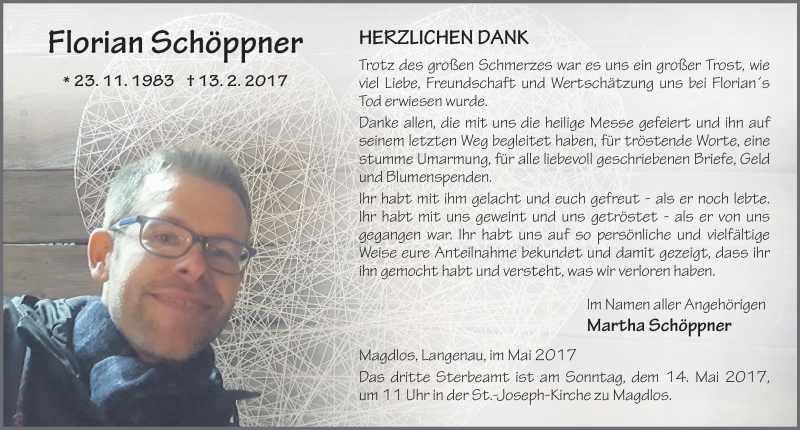  Traueranzeige für Florian Schöppner vom 06.05.2017 aus 