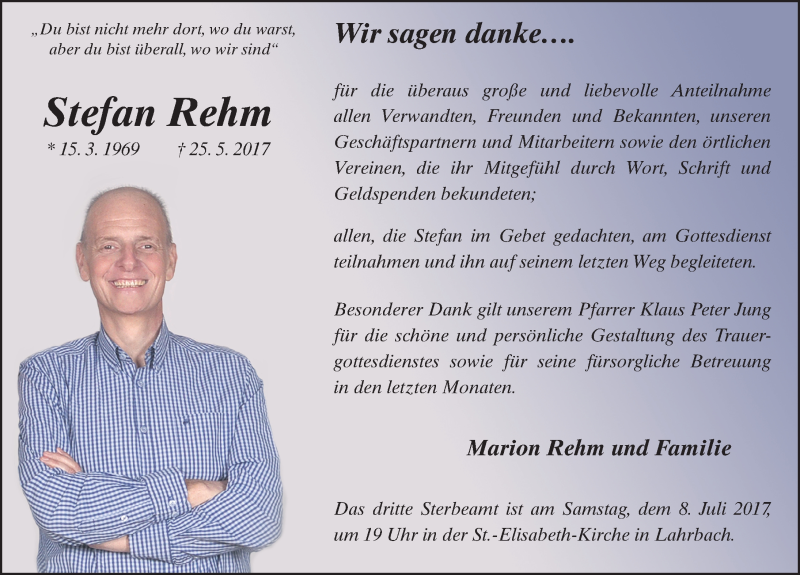  Traueranzeige für Stefan Rehm vom 06.07.2017 aus 