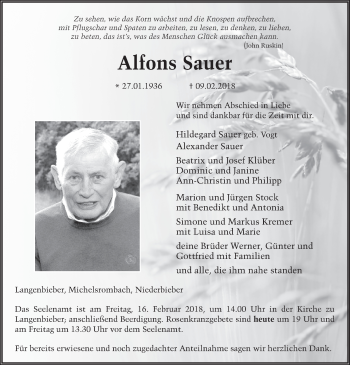 Traueranzeige von Alfons Sauer 