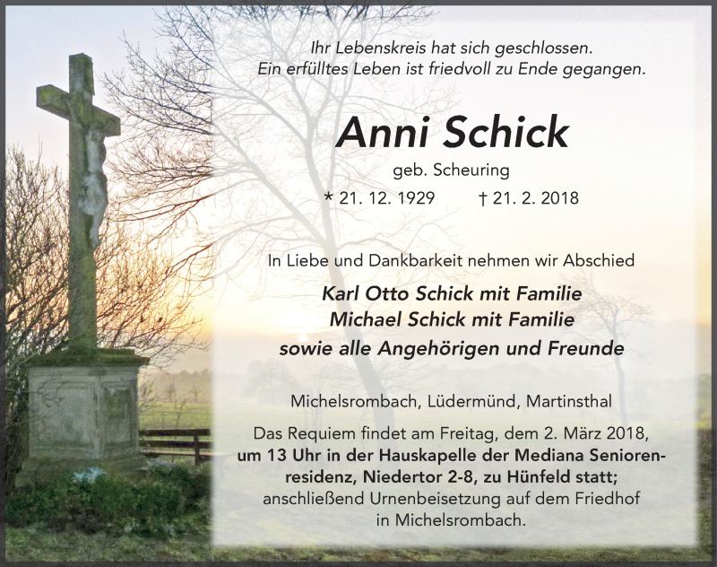  Traueranzeige für Anni Schick vom 27.02.2018 aus 