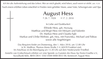 Traueranzeige von August Hess 